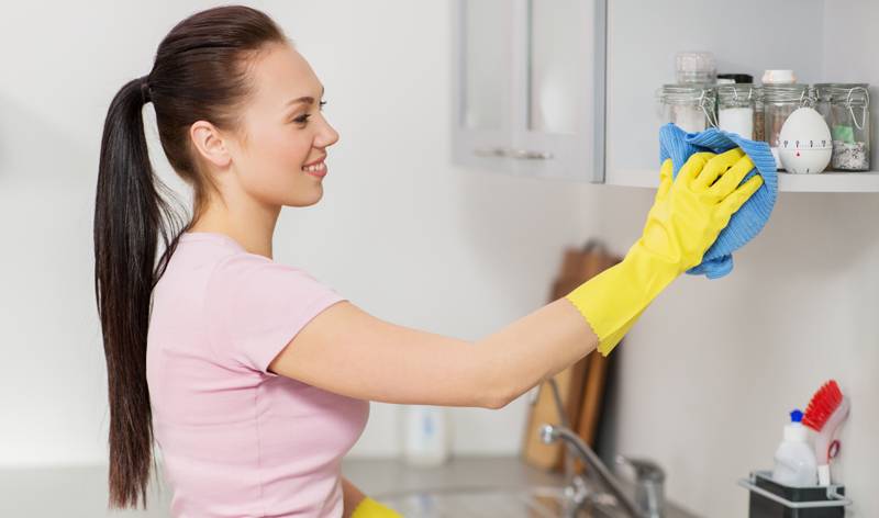 Woman in pink dress and yellow gloves scrubbing