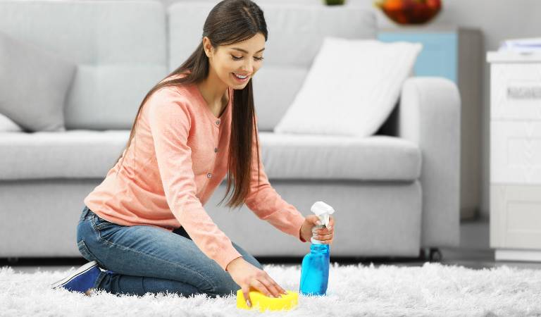 Woman holding a blue bottle and yellow cloth in her hand cleaning carpet inside a living room.