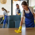 Team of professional cleaners are performing cleaning task and a woman in white-blue dress cleaning a table with a yellow cloth.