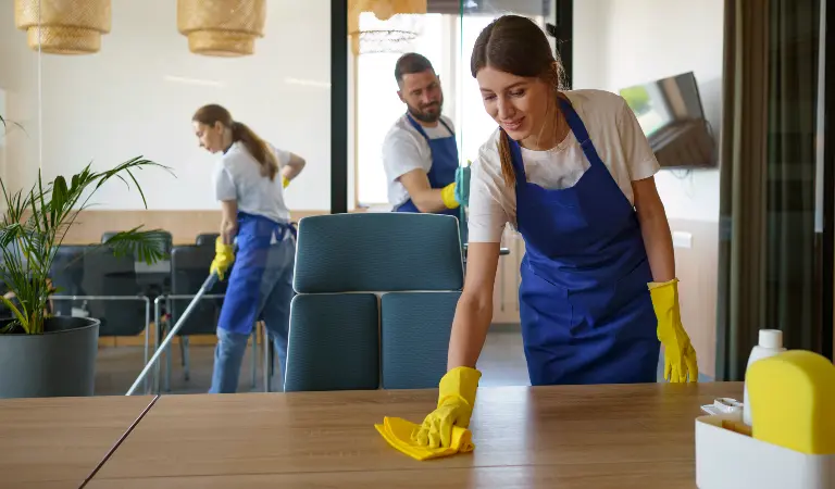 Team of professional cleaners are performing cleaning task and a woman in white-blue dress cleaning a table with a yellow cloth.