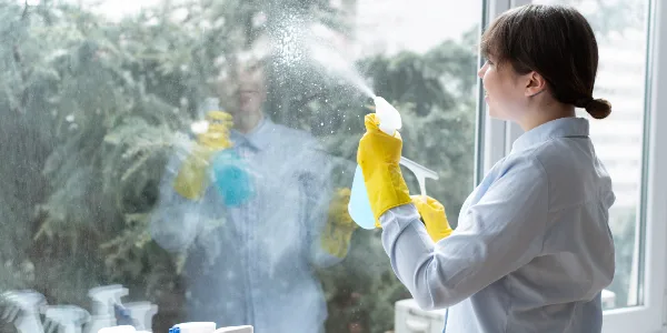Woman in yellow gloves holding a spray bottle in her hand and cleaning window.