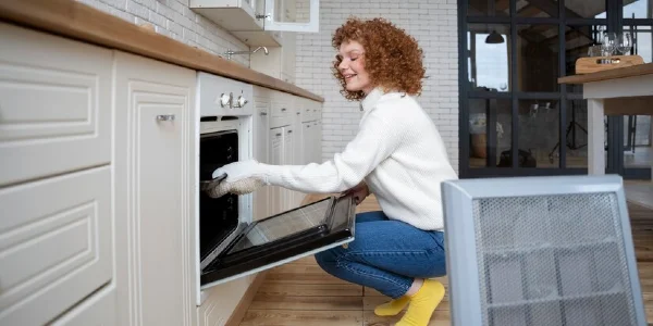Woman in white tops and blue jeans opening oven rack