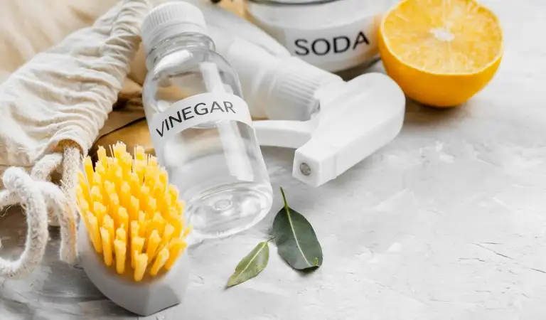 A bottle of vinegar and soda with a lemon and brush.