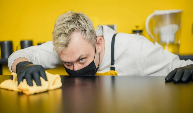 Old person in black mask and gloves cleaning a table with a yellow cloth.