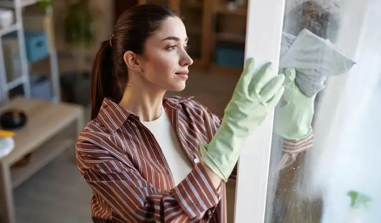 A lady is cleaning window with a cloth.