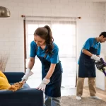 Asian young man and woman cleaning service worker work in living room