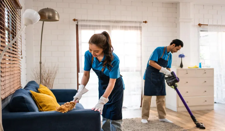 Asian young man and woman cleaning service worker work in living room
