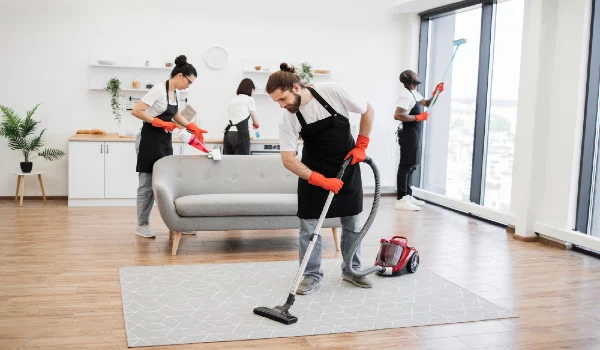 Multinational group of cleaners cleans bright studio kitchen