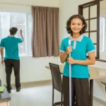Asian female janitor wearing turquoise uniform standing holding broom in room