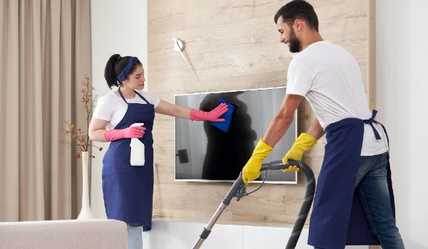Professional cleaning service team cleans living room in modern apartment