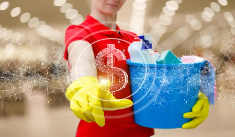 A cleaning lady clicks on a dollar hologram on a blurred background