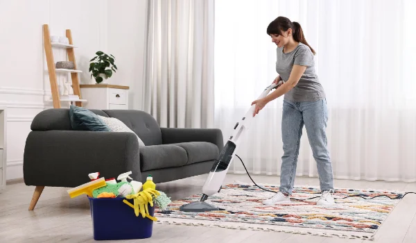 Happy young housewife vacuuming rug at home
