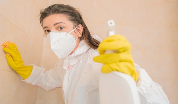 A woman in protective gear cleans bathroom tiles from mold cleaning expert disinfects