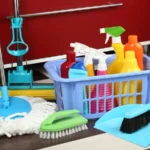 Different tools for cleaning in kitchen
