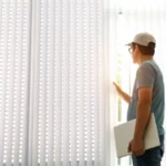Man looking at the vertical window blind and holding a laptop in his hand