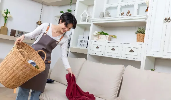 Portrait of young woman standing and decluttering home living room