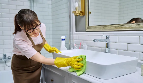 Woman in apron with detergent spray washcloth cleaning bathroom