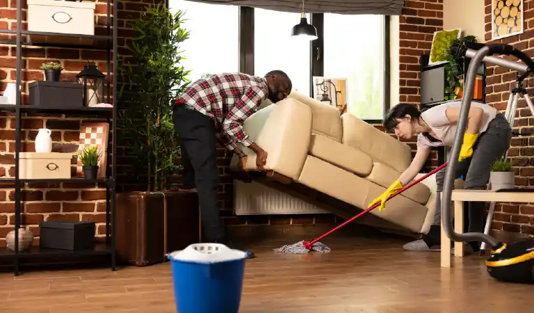 Young diverse couple doing housework and chores in living room black man lifting couch as girlfriend