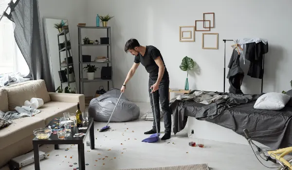Young man sweeping floor at home after party bottles, crumps and poker chips on floor