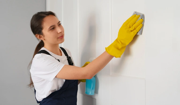 Medium shot woman cleaning home